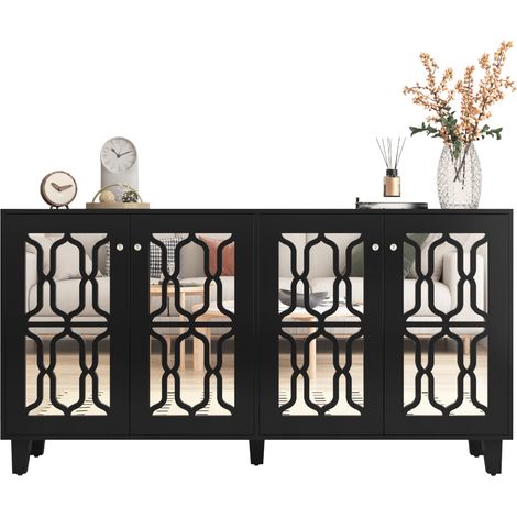 Buffet - Miroir Noir - 160cm - 4 Portes Élégantes - Poignées en Cristal Luxe (1/5)