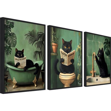 3Pcs Drôle de Chat Noir Tableau Encadré Poster Chaton Chat lisant le Journal sur les Toilettes Affiche Peinture Impression sur Toile Tableau Decoration Murale Salle de Bain Baignoire WC 30x40cm x3pcs (1/5)