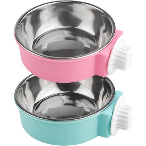 Juego de 2 comederos y bebederos extraíbles de acero inoxidable, ideales para gatos, cachorros, pájaros, ratas y hurones (rosa y azul).