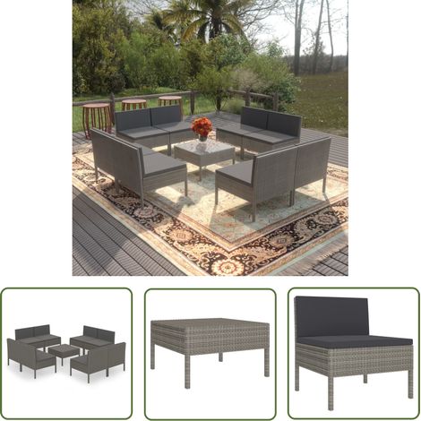 The Living Store 9-tlg. Garten-Lounge-Set mit Auflagen Poly Rattan Grau - Gartenmöbel - Loungemöbel - Outdoor-Möbel - Rattanmöbel - Sofa Set (1/5)