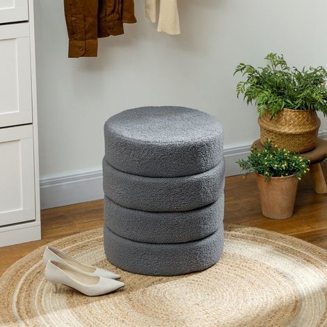 Pouf rond Ø40 x 45 cm gris foncé, repose-pieds, tissu peluche MEUBLIV (1/5)