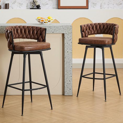 DYHOME Tabouret de bar, set de 2, avec dossier et repose-pieds tressés, tabouret de bar pivotant, simili cuir PU, hauteur d'assise 79 cm, pour cuisine, salle à manger et home bar, marron