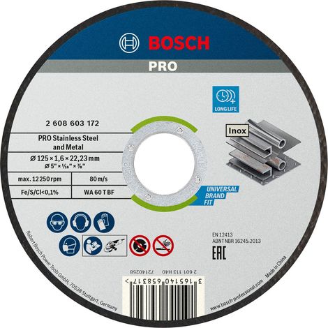 Bosch – Disque à tronçonner pour meuleuse 125 mm – Inox – Épaisseur 1,6 mm – Alésage 22 mm – Coups nets rapides sans bavures