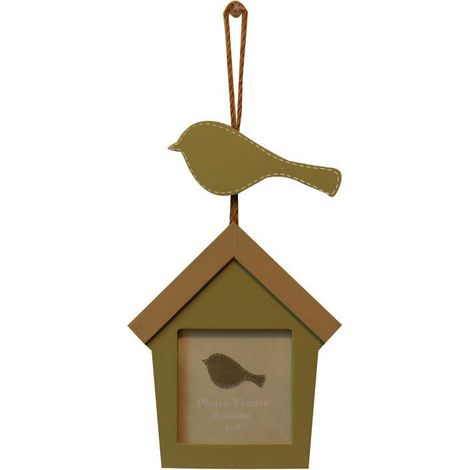 Cadre photo mural en bois massif avec oiseau vert 17x38cm (papier photo 4"), style rustique ancien vieilli (1/5)