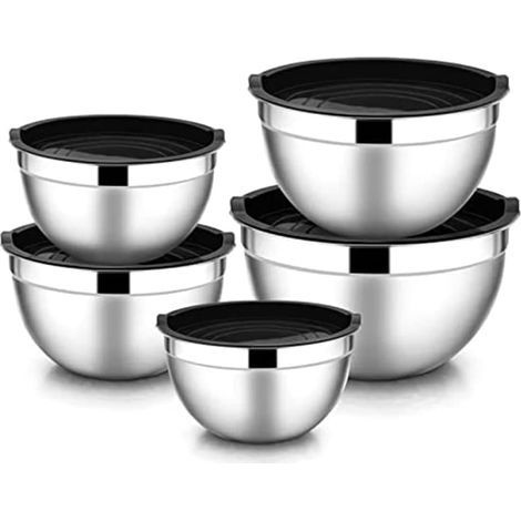 Lot de 5 saladiers empilables en acier inoxydable avec couvercle hermétique pour la cuisine, la cuisson, la pâtisserie, etc (1/5)