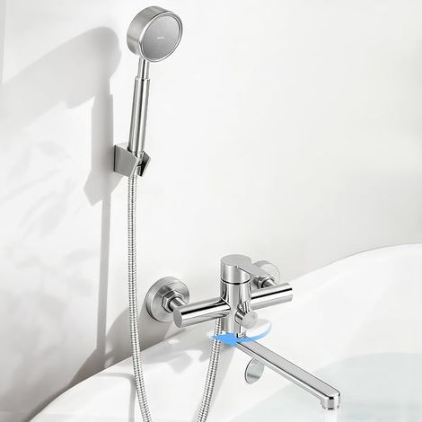 Bath Faucet with Shower, Long Spout Bath Mixer Tap, Bathroom Shower Faucet Set, Stainless Steel Bathroom Faucet for Wall Mount (1/5)