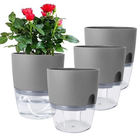 Pots de fleurs auto-drainants pour jardiniers paresseux - adaptés à une utilisation intérieure et extérieure - lot de 4, gris, 8,2 cm de diamètre (1/4)