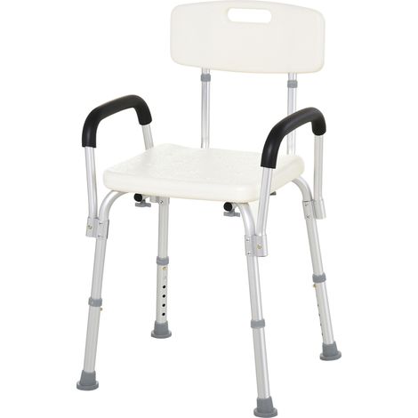 Homcom – Chaise de douche réglable en hauteur – Assise ergonomique en HDPE – Dossier et accoudoirs amovibles – Pieds antidérapants – Charge max 136 Kg