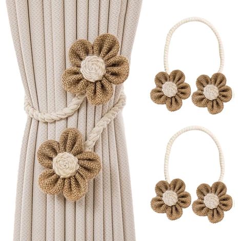 Lot de 2 embrasses de rideau, rotation 360°, motif fleur, coton et fer, réglable sans perçage, pour salon chambre (1/5)