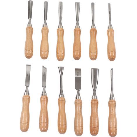 Handmeißel mit Buchenholzgriffen und Klingen aus Kohlenstoffstahl, 12-teiliges Set scharfer Meißel für die Holzbearbeitung (1/5)