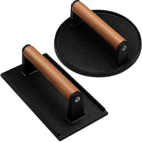 Poêle à hamburger robuste en fonte avec manche en bois, idéale pour écraser le bacon, la viande et les steaks, et pour griller, préparer des sandwichs ou des plats antiadhésifs. (1/5)