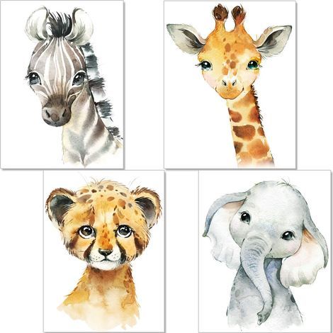 Set di 4 poster decorativi per la cameretta dei bambini – oppure – animali della giungla – formato A4 – giraffa, elefante, zebra, tigre (1/5)