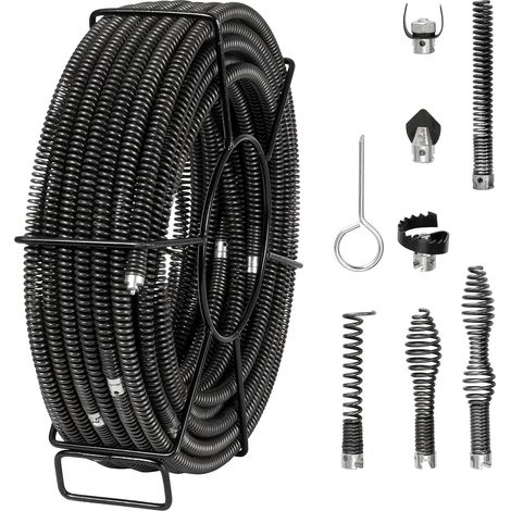 Câble de nettoyage de canalisations, 30 m x 16 mm, câble de tarière de vidange d'égout noyau creux sectionnel professionnel, 7 coupeurs pour tuyaux 20-100 mm pour évier, siphon de sol, toilettes (1/5)