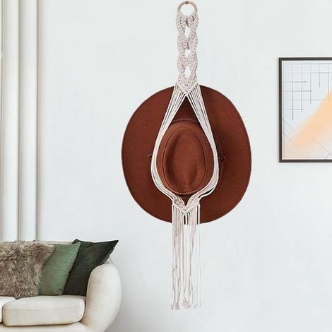 Perchero de pared tejido, Perchero bohemio, Perchero tejido a mano, Sistema de almacenamiento para sombreros de ala ancha, Dos niveles (1/5)