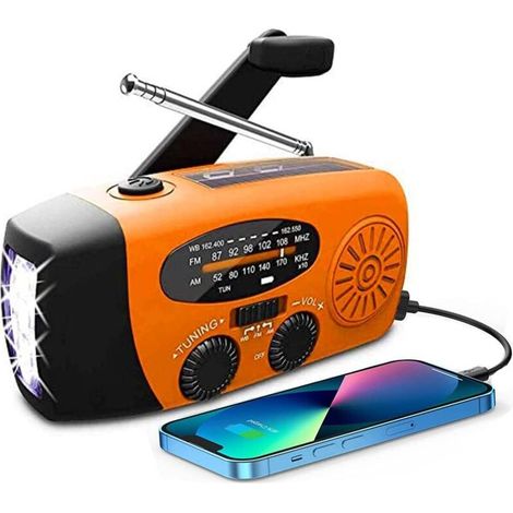 Radio solar de emergencia – Radio de manivela autoalimentada con linterna LED – Recargable por USB, alimentada por energía solar, manivela – Batería de 2000 mAh (1/5)