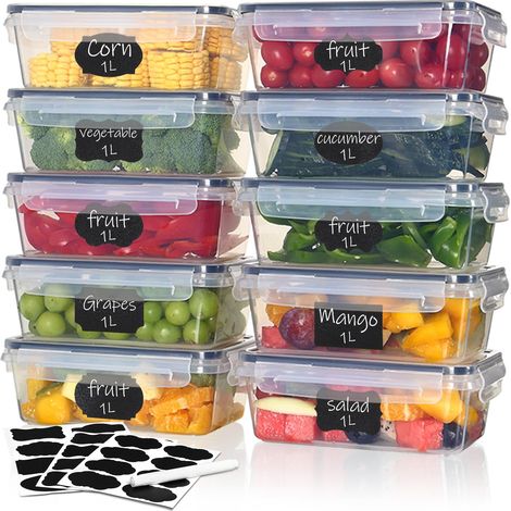 Lot de 10 boîtes de conservation avec couvercles, 10 x 1 l, sans BPA, 100% hermétiques, pour la préparation et la congélation des repas