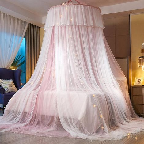 Baldaquin de lit Rideau de baldaquin Double Couche Voile Transparent Dôme Rideau de lit en Dentelle Ronde Moustiquaire de Tente pour décoration de Chambre(Rose/Blanc) (1/5)