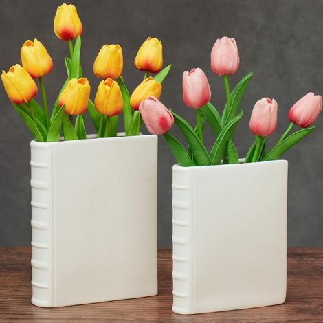 Book Shaped Vase, Ceramic Book Vase for Flowers - Set of 2, Teacher Appreciation, Cute Bookshelf Decor, Pot Planter Bookends, Art Deco Style Piece, Shabby Chic Ceramic, Unique Vases (1/5)
