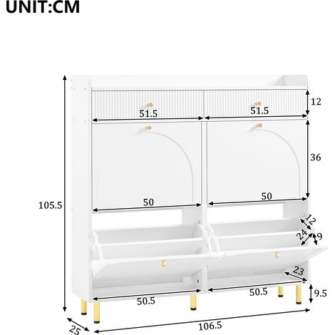 Meuble à chaussures étroit avec 4 portes battantes et 2 tiroirs, rangement chaussures, commode à chaussures à poignées métalliques, idéal pour entrée, chambre et appartement, blanc, dimensions 106,5x2 (1/5)