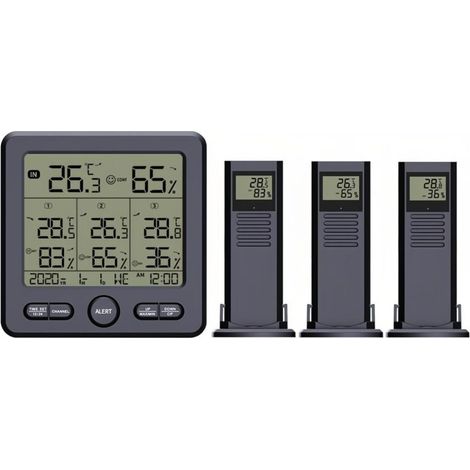 Thermomètre Hygromètre Numérique à 3 Capteurs Sans Fil, Écran LCD Rétroéclairé, Station Météo Intérieur Extérieur avec Heure, Date, Semaine et Alarme de Dépassement de Limite de Température et d'Humid (1/4)