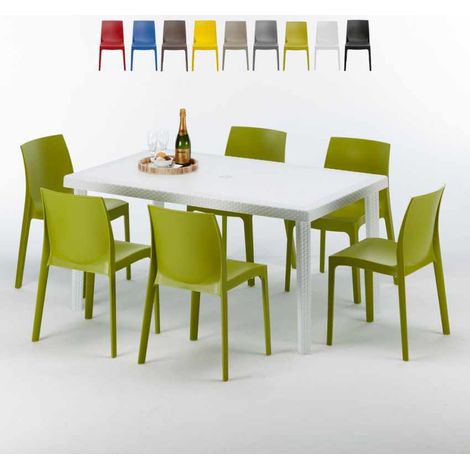 Table Rectangulaire Blanche 150x90cm Avec 6 Chaises Colorées Grand Soleil Set Extérieur Bar Café Rome Summerlife - Anis vert (1/5)