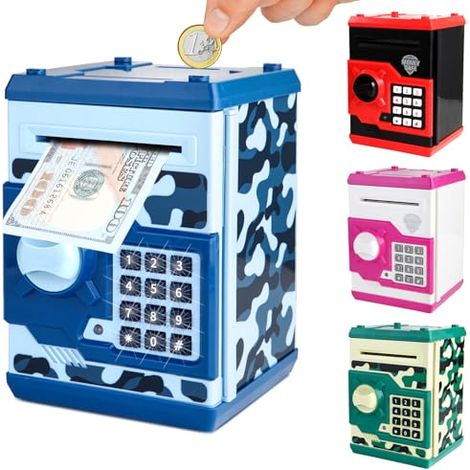 Tirelire Électronique ATM pour Enfants de 3+, Cadeau de Noël pour Garçon, Coffre-Fort à Code pour Pièces & Billets, Grande Capacité, Papier à Défilement Automatique (Bleu)