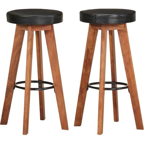 Lot de 2 Chaises de bar Tabourets de bar - Tabouret Haut Cuir véritable et bois d'acacia solide BV920457 - BonneVie (1/5)