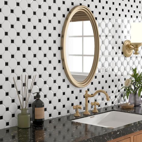 Epaisseur Carrelage Adhesif Mural Cuisine 3D Blanc et Noir 30x30CM Credence Adhesive pour Cuisine 3D Hexagone Dalle PVC Adhesive Murale Salle de Bain WC 16-Dalles Crédence Adhésive (1/5)