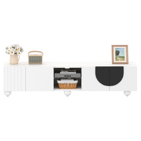 Meuble TV minimaliste noir et blanc, pieds ronds et niche centrale ouverte