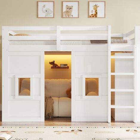 Cama alta moderna de madera blanca 90x200 cm con armario integrado, 2 ventanas, LED y somier de láminas