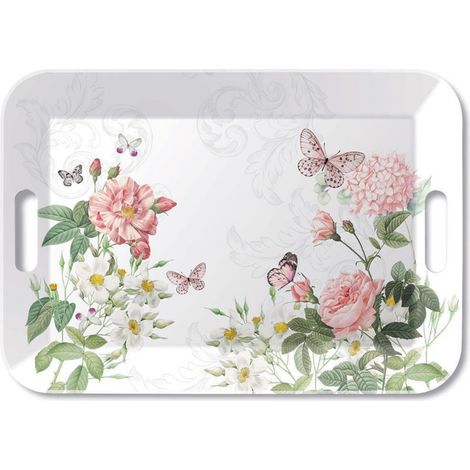 Plateau rectangulaire en mélamine fleurs anglaises et papillons