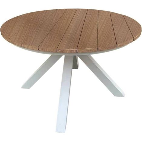Table ronde de jardin aluminium blanc style contemporain extérieur - blanc et bois naturel