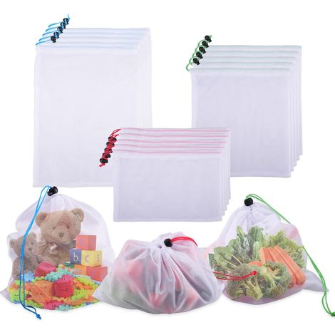 15 Pièces Sacs en Filet Réutilisables, Sac en Maille avec Cordon  3 Tailles, Lavables Sacs De Stockage, Légers, Respirants, Pliables, pour Fruits, Légumes, épicerie, Jouets, Petits Articles (1/5)