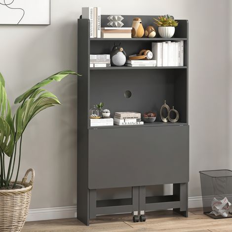 Bureau Informatique Étagères Rangement, Plateau Rabattable, 2 Roulettes, 80x69x155 cm, Noir (1/5)