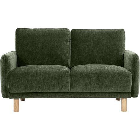 Canapé design 2 places en tissu effet velours vert kaki et bois clair BONO