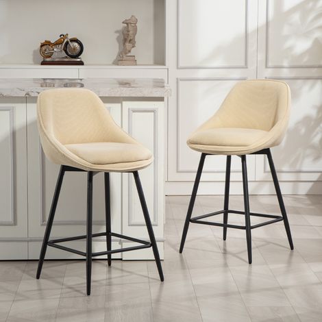 Lot de 2 tabourets de bar en tissu velours côtelé, chaises de bar avec dossier courbé, repose-pieds, 49x52x88cm, beige (1/5)