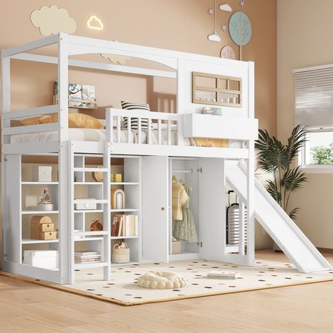 Letto a soppalco per bambini 90x200 cm, con scivolo e armadio guardaroba salvaspazio mensole portaoggetti, in legno di pino massello e MDF, Bianco (1/5)