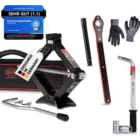 HEYNER® Wagenheber 2t Traglast Scherenwagenheber Set mit Radmutternschlüssel & Montagehandschuhe drehbarer Sattel und Gummiauflage TÜV & GS, 98–442mm