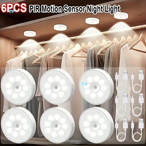 Confezione da 6 luci notturne a induzione con 8 LED, luce notturna con sensore di movimento, ricaricabile tramite USB, adsorbimento magnetico, per armadi, camere da letto, scale, cucine, corridoi, bia