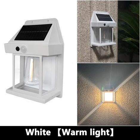 (Corps blanc) Applique murale solaire extérieure à incandescence avec détecteur de mouvement, étanche IP65, pour terrasse, porche, grange ou balcon. Compatible avec les terrasses, balcons, vérandas et (1/5)
