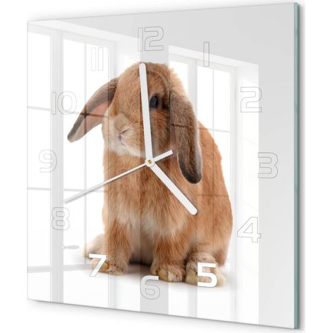 Horloge Murale Carrée Décoration Murale Verre Trempé Design Artistique Lapin rouge 30x30 cm (1/5)
