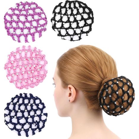 Filet à cheveux orné de strass, lot de 4, filet élastique pour coiffures de compétition, 4 couleurs, filet à chignon pour gymnastes, danseuses de ballet, patineuses artistiques et danseuses. (1/5)
