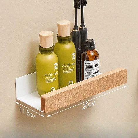 Étagère de salle de bain en bois de hêtre (20 cm), supports de rangement muraux sans perçage, étagères de rangement pour salon, étagères murales (1/5)
