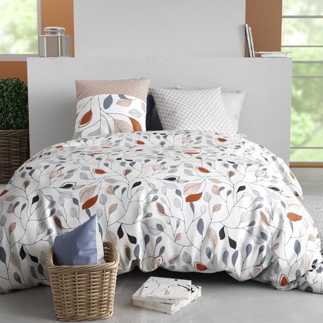 Parure housse de couette 260x240cm + 2 taies blanc motif feuillage bleu et rouille 100% coton - TILDA (1/4)