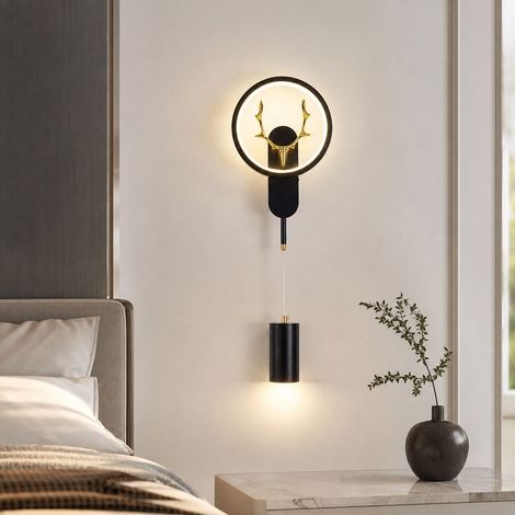 Applique murale tête de cerf, métal et silicone, hauteur réglable 1m, éclairage LED tricolore 3000K-6000K, noir, design nordique pour couloir (1/5)