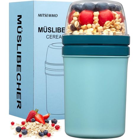 Bol muesli a emporter avec cuillère,600 ml + 270 ml Gobelets à Céréales,Pot de yaourt en plastique,Pot petit dejeuner porridge Salade Bols avoine overnight oats jar (Bleu Ciel) (1/5)