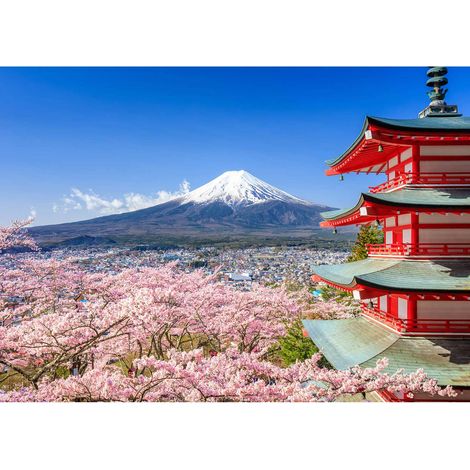 Tableau japonais Mont Fuji | Tableau paysage japonais multicolore pour salon | Tableau sur toile montagne & fleur pour bureau 0,7 x 0,5 m (1/2)