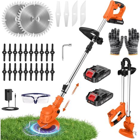 Debroussailleuse Electrique sans Fil 21V avec 2 Batteries 2000mAh, Coupe Bordure sans Fil avec Batterie Léger et Pliable 4 Types de Lames, Rotofil Batterie pour Pelouse et Jardin (Orange) (1/5)