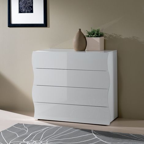 Cassettiera camera da letto comò 100cm design 4 cassetti bianco lucido Onda Draw (1/5)