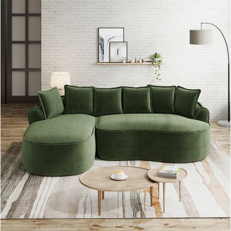 Sofá modular sin estructura verde en chenilla con chaise longue profunda, brazos anchos y función relax/cama (1/5)